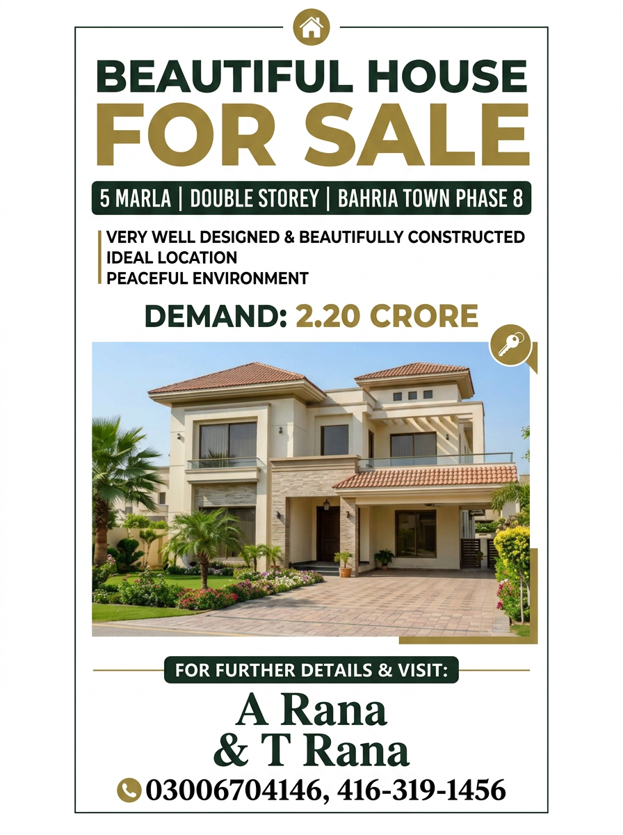 Beautiful house for sale — 5 Marla double storey in Bahria Town Phase 8, Demand 2.20 Crore